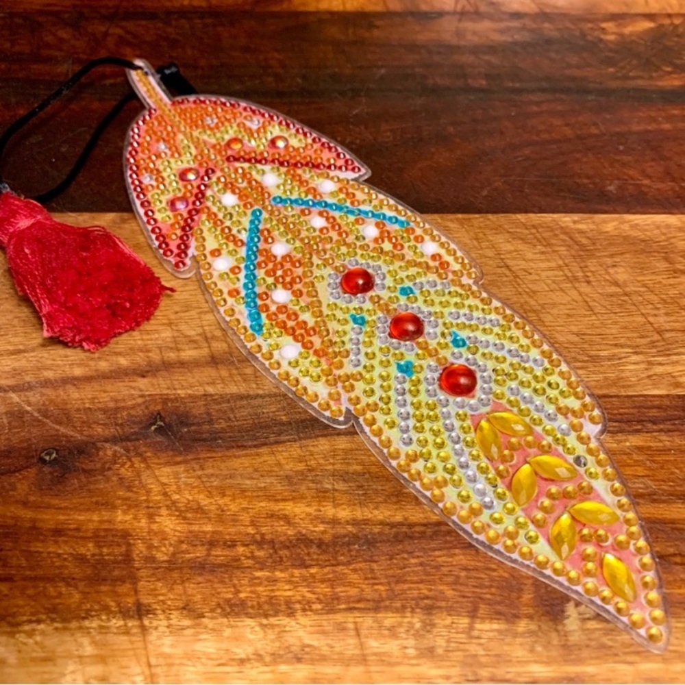 Handmade Diamond Painted Ornament Bookmark Drawer Pull With Mostly Orange Jewels - Picture 3 of 6